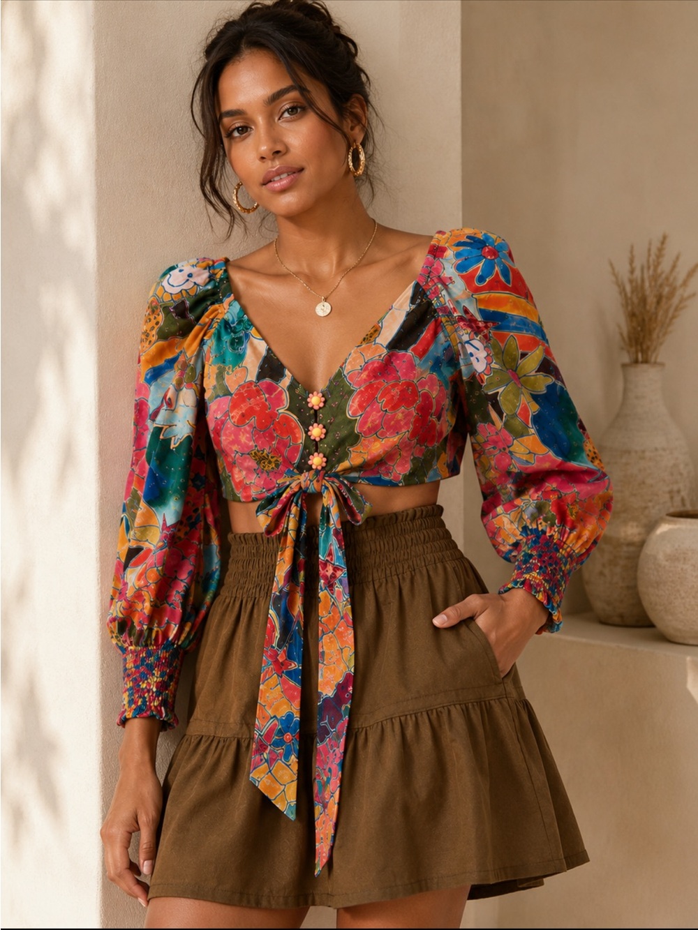 Anthropologie Farm Rio Tie-Waist Button Front Fruit / Floral Cropped Blouse